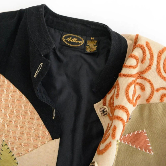 Vintage 90's Allure Tan & Black 100% Cotton Patchwork Brocade Button Up Jacket M - Picture 13 of 14